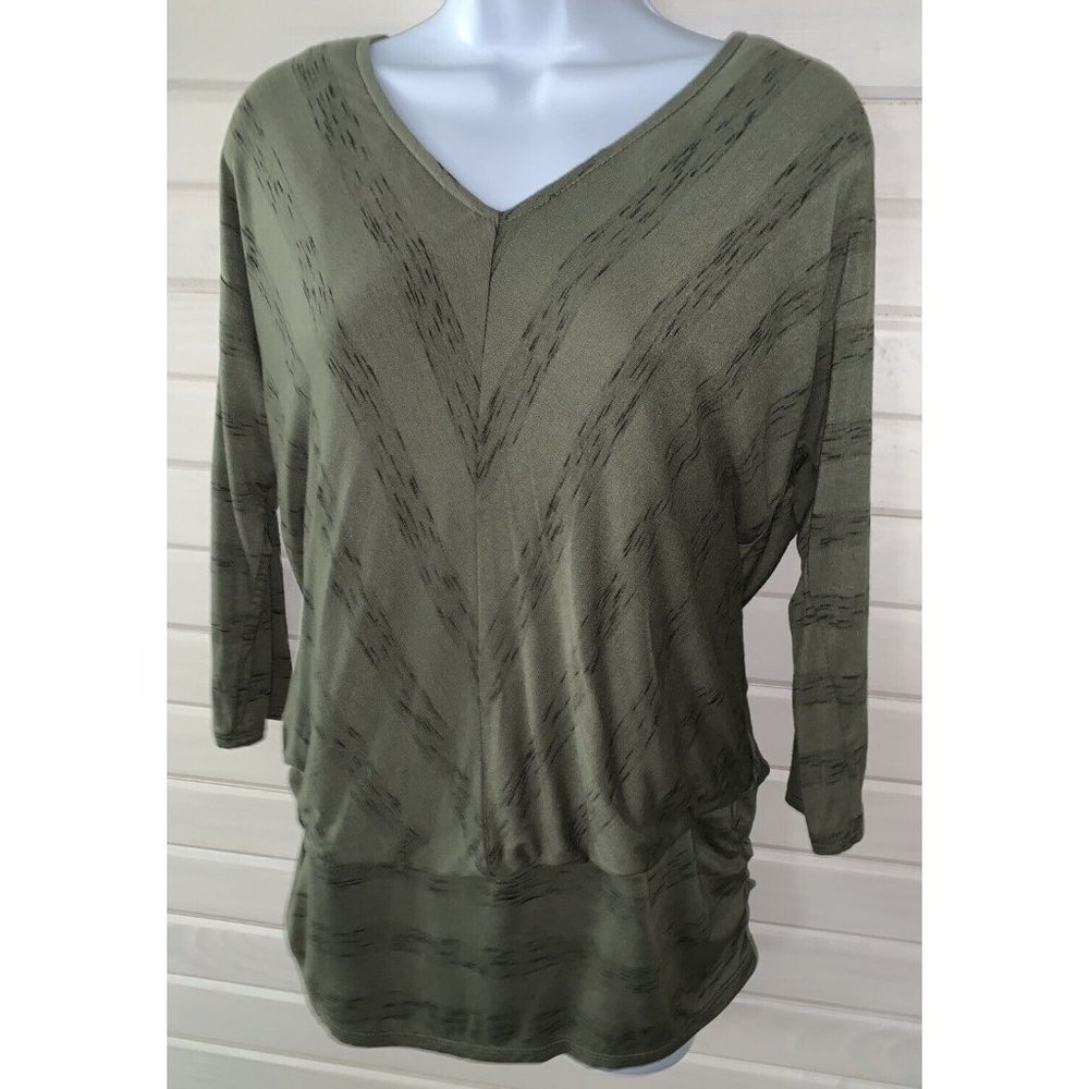 Knox Rose Sz MEDIUM Blouse Green Striped V Neck Gathered Hemline Band Tunic EUC